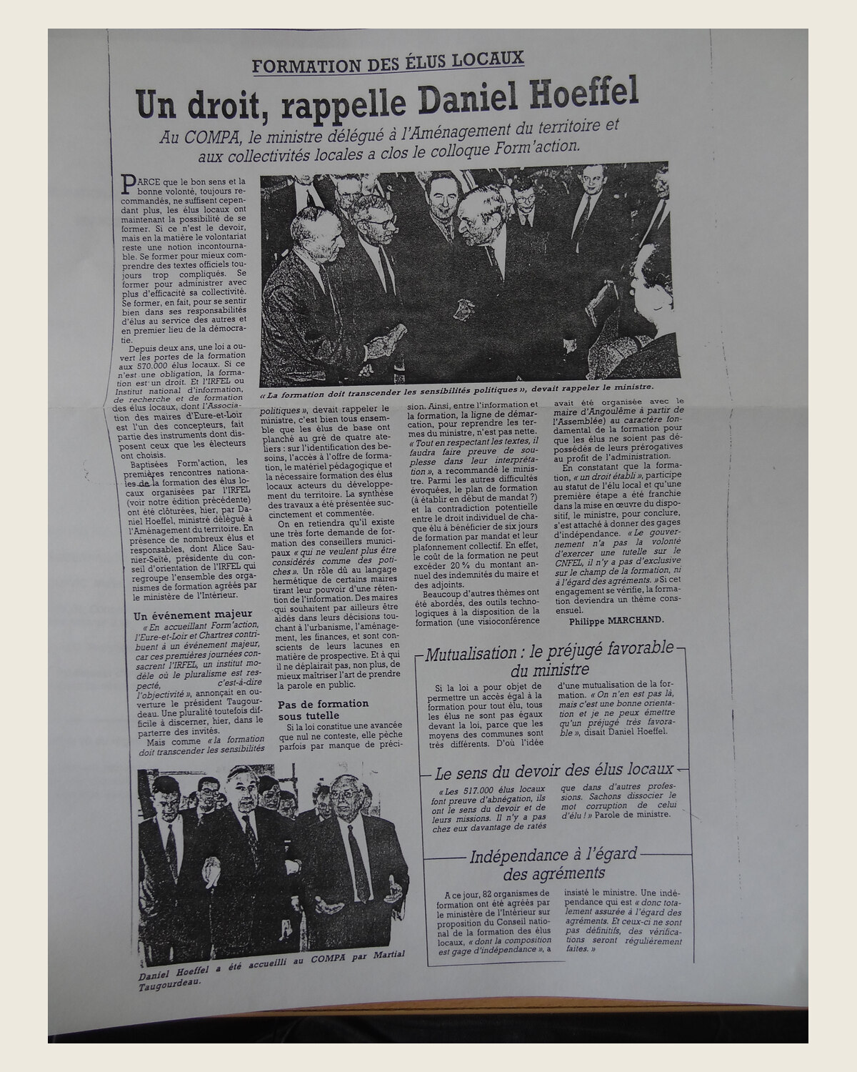 Article de presse consacré au droit à la formation des élus locaux et au colloque Form’action