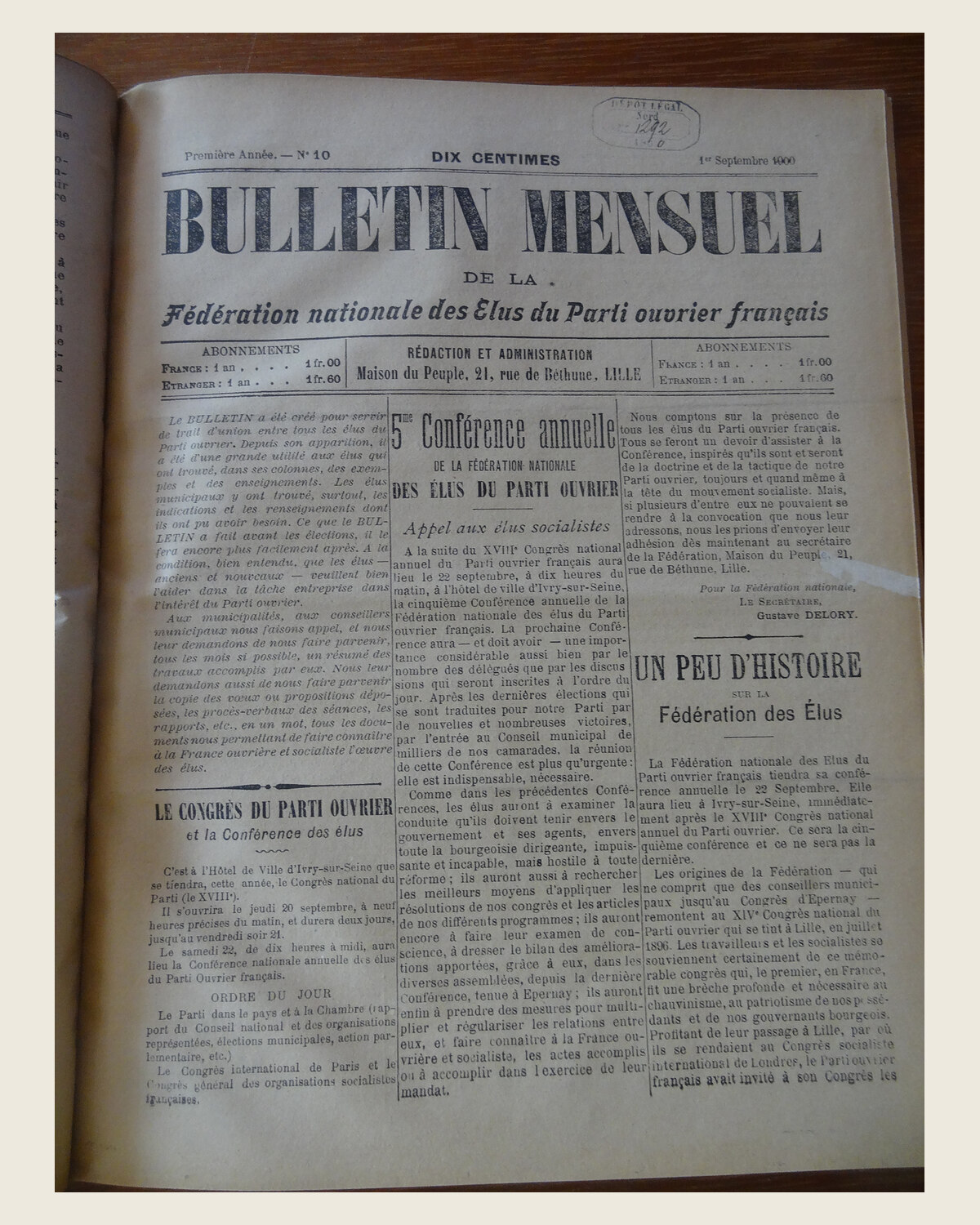 Première page du Bulletin mensuel de la Fédération nationale des élus du Parti ouvrier français en septembre 1900